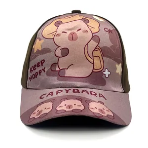 Detail of Capybara cartoon print on kids baseball cap with brown and pink stitching