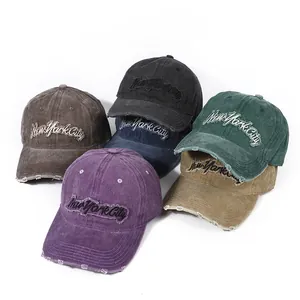 American Retro New York City Embroidery Washed Cotton Baseball Cap Distressed Adjustable Outdoor Casual Sports Sun Hat