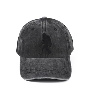 Detailed view of 3D Bigfoot embroidery on washed cotton fabric baseball cap