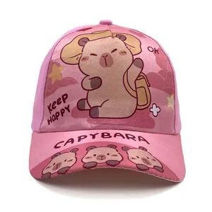 Detailed front view of pink Capybara kids baseball cap with Keep Happy cartoon print