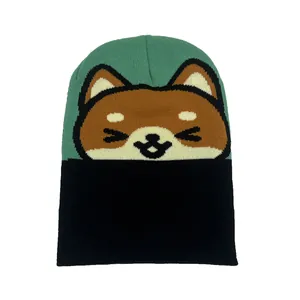 Detailed close-up of a knit beanie featuring a cute fox embroidery and green color block