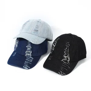 Fashion Distressed Denim Baseball Cap Ripped Hole Vintage Washed Denim Sun Hat For Men Women Outdoor Adjustable Trucker Hat