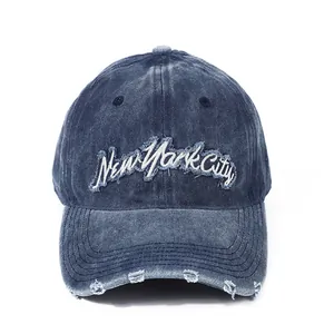 Navy blue washed denim New York City baseball cap with vintage distressed embroidery