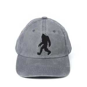 Unisex washed grey baseball cap with black Sasquatch silhouette embroidery