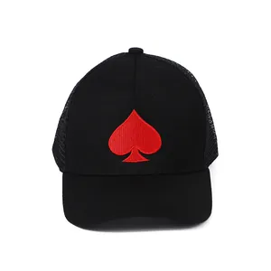Black trucker cap with red heart spade embroidery and breathable mesh back for summer