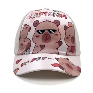 Close-up of pink and white kids capybara baseball cap with happy heart print detail