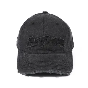 Vintage washed cotton New York baseball cap with distressed brim and 3D embroidery