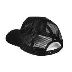 Rear view of black mesh trucker hat featuring breathable net and adjustable snapback closure