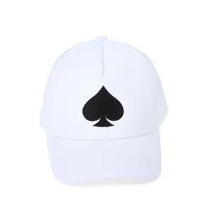 Close-up of heart spade embroidery on white breathable mesh trucker cap