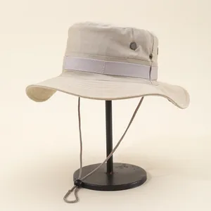 Outdoor wide brim khaki sun hat with breathable vents and adjustable chin strap