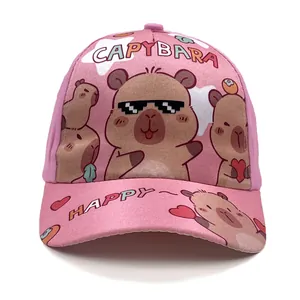 Detailed close-up of pink capybara cartoon baseball cap with rainbow lettering and heart logo