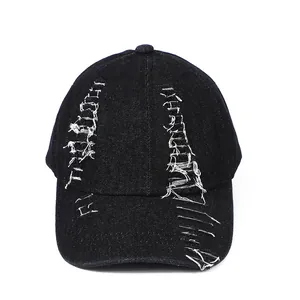 Black distressed denim baseball cap for men and women with vintage torn details