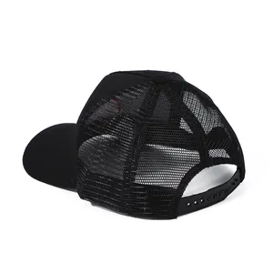 Black mesh trucker hat with heart embroidery and adjustable plastic snap closure