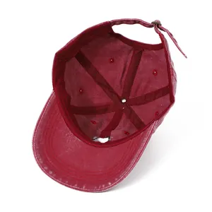 Unisex washed vintage baseball cap in deep red with adjustable metal buckle and embroidery