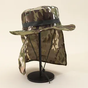 Outdoor camouflage sun hat with neck flap and chin strap for UV protection and hiking
