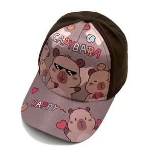 Detail of Capybara printed kids baseball cap with cute purple and brown color blocking