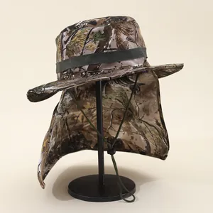 Outdoor camouflage sun hat with neck protection flap and adjustable chin strap