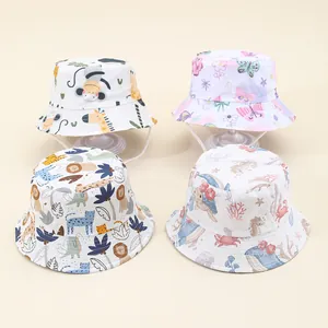 Kinder Cartoon Tier Druck Baumwolle Fischerhut Mit Verstellbarem Windseil Outdoor Sonnenschutz Sommer Strandhut Für Baby