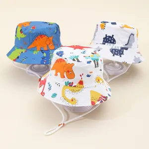 Chapeau Bob en Coton pour Enfants Avec Imprimé Dinosaure et Corde Coupe-vent Réglable Protection Solaire pour Tout-petits