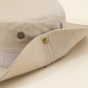 Khaki outdoor sun hat with breathable mesh vents and retro metal side buttons