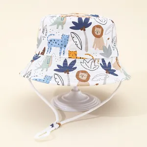 Kinder Sonnenhut aus Baumwolle mit Cartoon-Tierprints und verstellbarem Kinnriemen