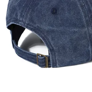 Navy blue washed denim New York baseball cap with adjustable metal buckle strap back