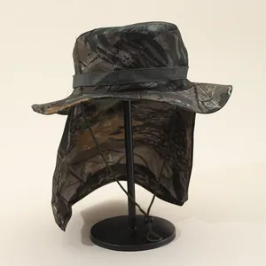 Macro detail of jungle camouflage sun hat with wide brim and protective neck flap