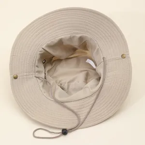 Khaki wide brim outdoor sun hat with adjustable chin strap and breathable side vents