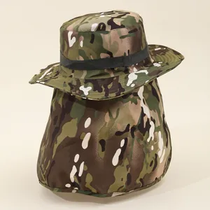 Jungle camouflage sun hat with neck flap and wide brim for outdoor UV protection