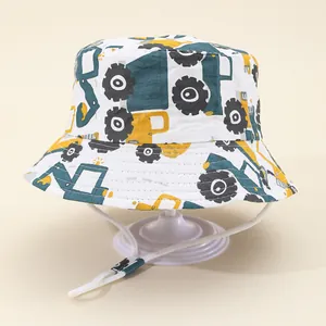 Kinder Sonnenhut mit gelbem Baustellenfahrzeug-Print und verstellbarem Kinnband