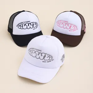 Breathable trucker hat with embroidered slogan and adjustable mesh back in three colors