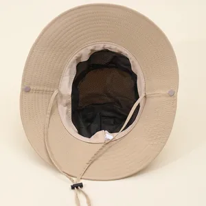 Khaki outdoor sun hat with wide brim, breathable mesh lining and adjustable chin strap