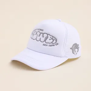 Detail of white mesh baseball cap with gray ALWED embroidery and cartoon side patch