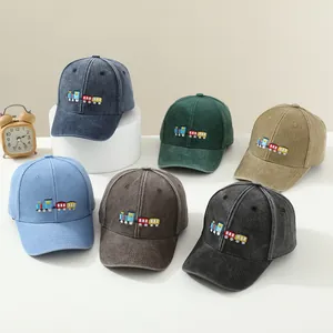 Kids washed cotton baseball cap with train embroidery in six vintage colors for sun protection