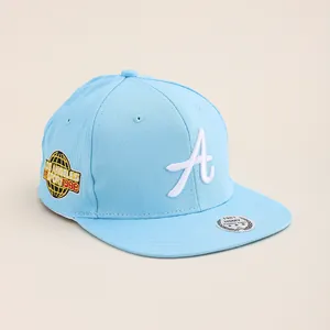 Sky blue snapback baseball cap with white A embroidery and Los Angeles side patch
