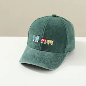 Kids vintage dark green baseball cap with train embroidery and washed cotton fabric