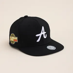 Detail of high-quality 3D embroidered A letter and Los Angeles patch on flat brim cap
