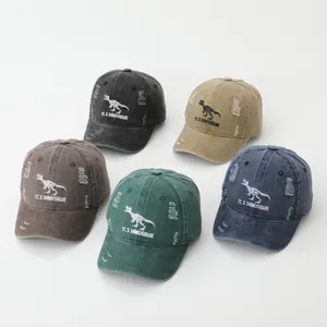 Distressed kids baseball caps with dinosaur embroidery in multiple vintage colors