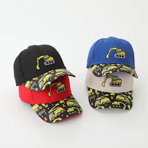 Kids baseball cap set with excavator embroidery in black, red, blue and khaki colors