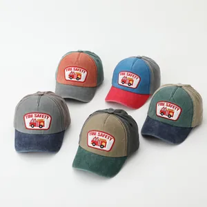 Kinder Farbblock Baseballkappe 100% Baumwolle Gewaschener Sonnenschutzhut Mit Feuerwehrauto Aufnäher Für Jungen Mädchen Outdoor