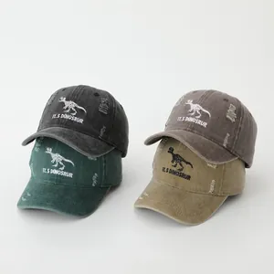 Distressed cotton dinosaur baseball caps for kids in four vintage washed colors