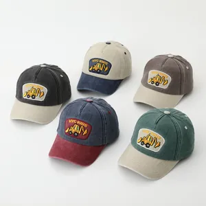 Kids baseball cap with excavator embroidery in five assorted colors and washed fabric