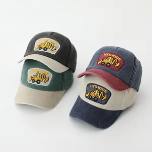 Kids washed cotton baseball caps with excavator embroidery in multiple colorways
