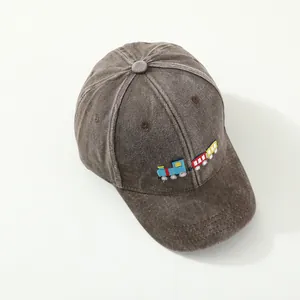 Vintage washed cotton kids baseball cap with colorful train embroidery on front
