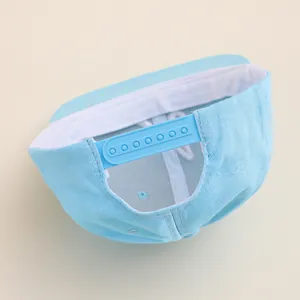 Back view of light blue cotton baseball cap with adjustable snapback closure for custom fit