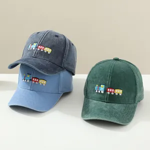 Kids vintage washed cotton baseball caps with colorful train embroidery in three colors