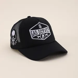 American style black GAS SERVICE trucker hat with mesh and skull embroidery detail