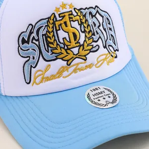 Blue and white trucker hat with Sugar embroidery and breathable mesh for outdoors