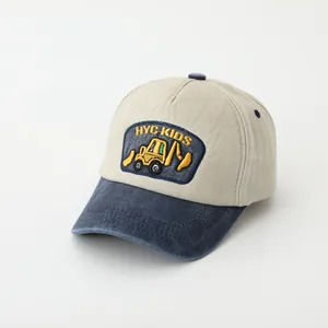 Kids baseball cap with excavator embroidery and two-tone blue and beige panels