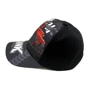 Detail of grey and black kids baseball cap with red cartoon tank print and TANK text